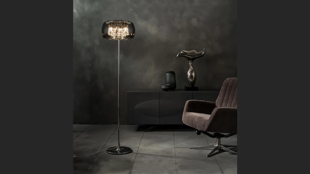 Lampada da terra Mirror con pendenti in cristallo e paralume in vetro e specchio di Stones