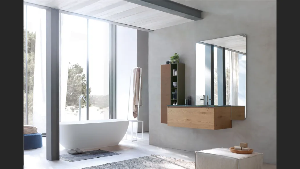 Mobile da Bagno sospeso La Fenice 12 in Rovere nodato naturale con top in cristallo extralight Verde bosco con lavabo integrato di Arcom