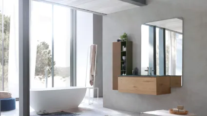 Mobile da Bagno sospeso La Fenice 12 in rovere nodato naturale con top in cristallo extralight Verde bosco con lavabo integrato di Arcom