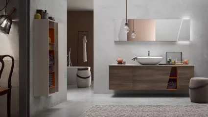 Mobile da Bagno sospeso in Olmo marrone con vano a giorno laccato Mattone opaco E-Ly 77 di Arcom