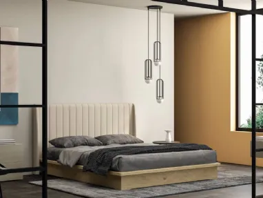 Letto Essential in legno di rovere con testiera in tessuto imbottito di Fratelli Mirandola