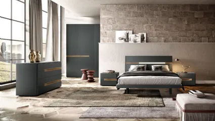 Letto con testiera S01 Run e Alfa in laccato opaco con inserto in legno di Mercantini