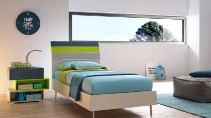 Letto singolo in nobilitato Quarzo con testiera Bend in laccato Pavone, Verde Cedro e  Corda SC113 di Moretti Compact