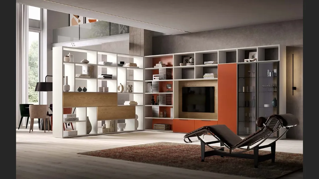 Libreria divisoria e a muro Kosmos KL211 in laccato opaco e legno di Mercantini