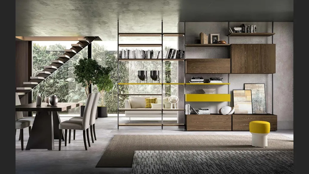 Libreria a muro e divisoria Kosmos KL219 in legno e laccato opaco di Mercantini