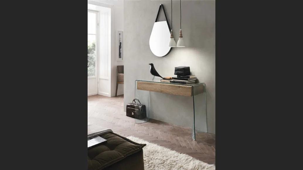 Mobile ingresso consolle Escape in vetro con cassetti in laminato effetto legno di Target Point