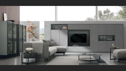 Parete Attrezzata Atlante UNIT AT202 in materico paglia grigio, materico rovere carbone e rovere carbone canettè di Tomasella
