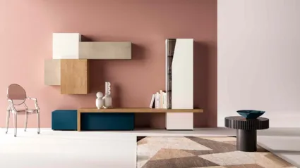 Parete Attrezzata Kosmos KC104 in laccato opaco e legno di Mercantini