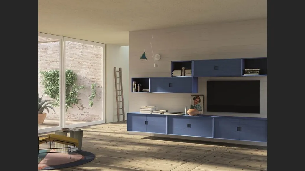 Parete attrezzata Unikawood 13 in legno laccato blu di Fratelli Mirandola