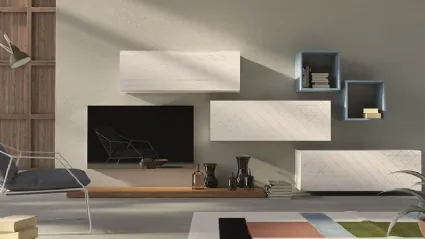 Parete attrezzata Unikawood 07 in legno laccato bianco invecchiato, azzurro e abete medio di Fratelli Mirandola