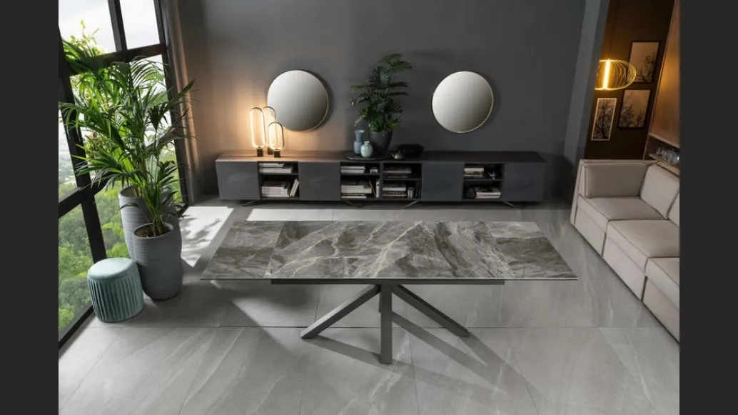 Tavolo allungabile con top in ceramica effetto marmo bianco su vetro temprato Ceramica 01 di Stones