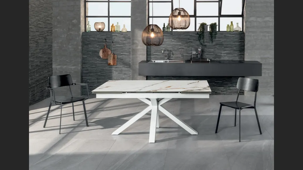 Tavolo allungabile con top in ceramica effetto marmo calacatta su vetro temprato Ceramica 01 di Stones