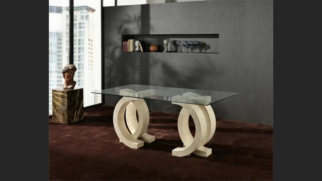Tavolo di design fisso in vetro e pietra fossile Olimpia di Stones