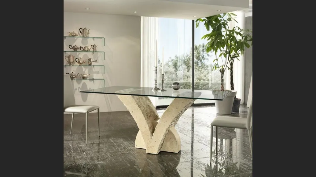 Tavolo con piano in vetro fisso e basamento di design Papillon di Stones