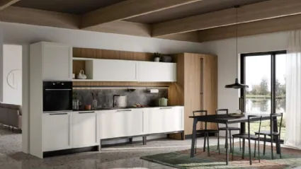 Cucina Moderna lineare Clio Composizione 05 in Pet bianco e laminato rovere di Prima Cucine