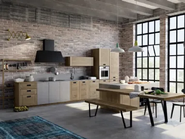 Cucina Moderna lineare Convivium 02 in legno di rovere con elemento in finitura cemento di Fratelli Mirandola