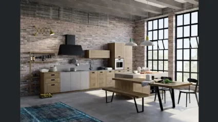 Cucina Moderna lineare Convivium 02 in legno di rovere con elemento in finitura cemento di Fratelli Mirandola