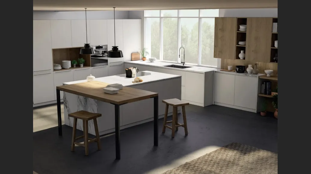 Cucina Moderna angolare con isola e penisola New Time e New Time Gola in legno naturale e laccato bianco di Fratelli Mirandola