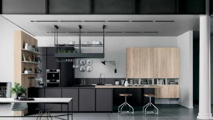 Cucina Moderna lineare Smart 05 in laccato opaco lavagna e laminato rovere chiaro di Nova Cucina