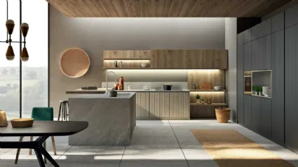 Cucina Moderna componibile in legno con isola Wave 01 di Fratelli Mirandola