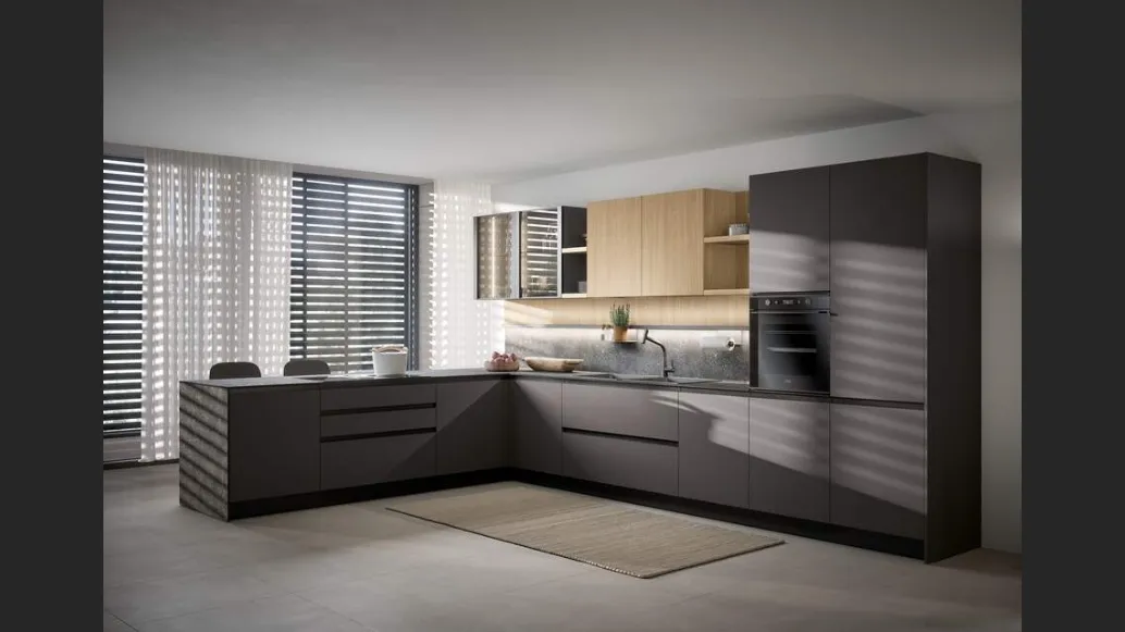 Cucina Moderna con penisola Zoe Composizione 02 in pet e melaminico rovere di Prima Cucine