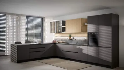 Cucina Moderna con penisola Zoe Composizione 02 in pet e melaminico rovere di Prima Cucine