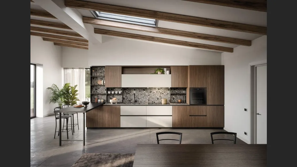 Cucina Moderna lineare con penisola Zoe Composizione 06 in melaminico noce e HPL canapa di Prima Cucine