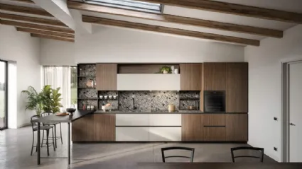 Cucina Moderna lineare con penisola Zoe Composizione 06 in melaminico noce e HPL canapa di Prima Cucine